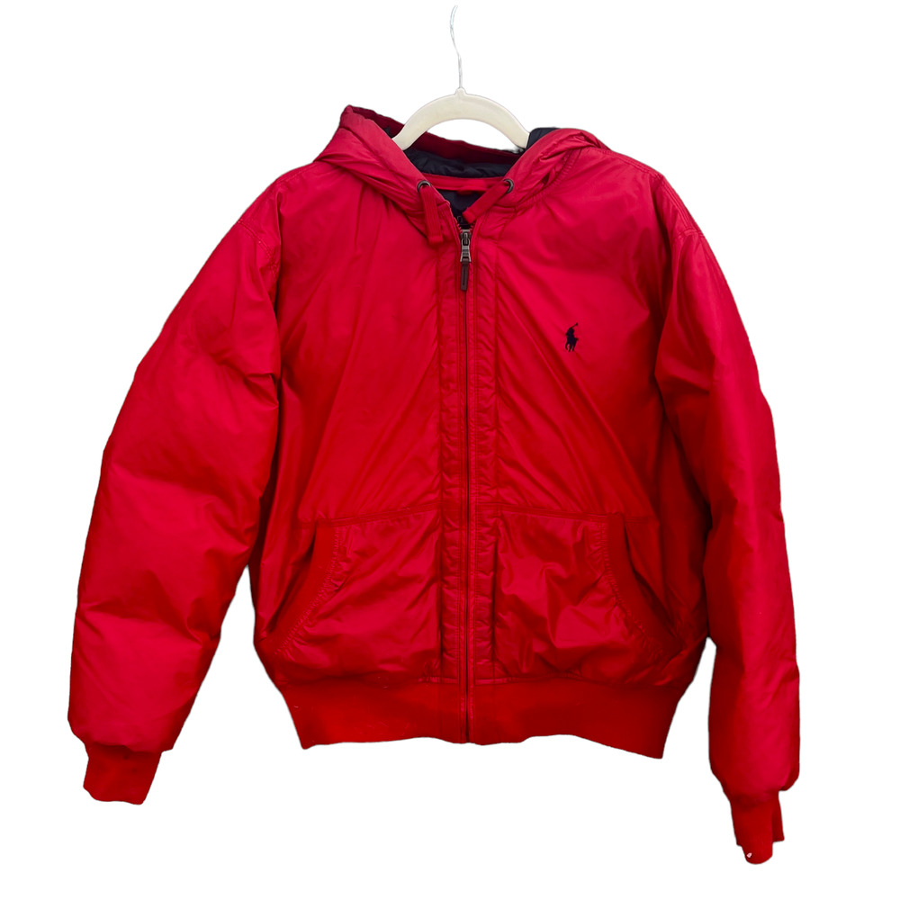 polo by ralph lauren men's red puffy hooded bomber jacket